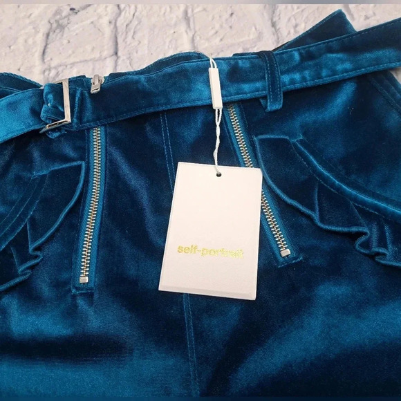 NWT  self-portrait Peacock Blue Double Zip Shorts Velvet Belt Size 2 US / 6 UK - Picture 4 of 11